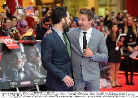 American actors Paul Rudd and Jeremy Renner attending the European premiere of Captain America: Civil War at Westfield Shopping Centre in London. APRIL 26th 2016  PTYx161145