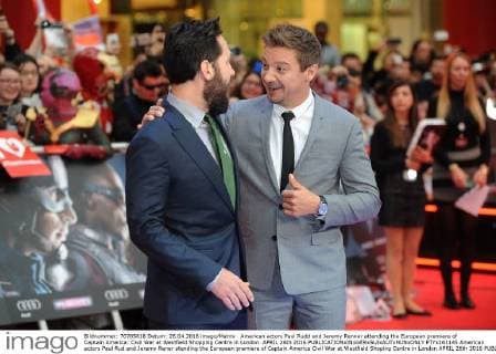 American actors Paul Rudd and Jeremy Renner attending the European premiere of Captain America: Civil War at Westfield Shopping Centre in London. APRIL 26th 2016  PTYx161145