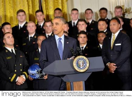 President Barack Obama delivers remarks as he welcome the United States Naval Academy Football Team to the White House to present them with the 2015 Commander-in-Chief?s Trophy, in Washington, D.C. on April 27, 2016. The Commander-in-Chief s Trophy is awarded to each season s winner of the American college football triangular series among the teams of the U.S. Military Academy, the U.S. Naval Academy, and U.S. Air Force Academy.  WAP20160427337 KEVINxDIETSCH