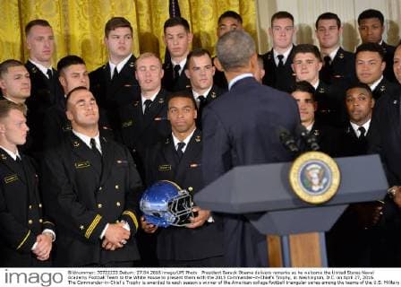 President Barack Obama delivers remarks as he welcome the United States Naval Academy Football Team to the White House to present them with the 2015 Commander-in-Chief?s Trophy, in Washington, D.C. on April 27, 2016. The Commander-in-Chief s Trophy is awarded to each season s winner of the American college football triangular series among the teams of the U.S. Military Academy, the U.S. Naval Academy, and U.S. Air Force Academy.  WAP20160427338 KEVINxDIETSCH