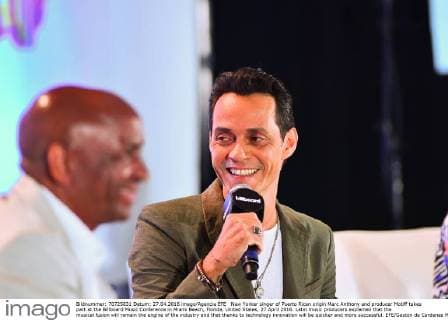 New Yorker singer of Puerto Rican origin Marc Anthony and producer Motiff takes part at the Billboard Music Conference in Miami Beach, Florida, United States, 27 April 2016. Latin music producers explained that the musical fusion will remain the engine of the industry and that thanks to technology innovation will be quicker and more successful. EFE Gaston de Cardenas MUSIC PRODUCERS AFFIRM THE ADVANCES OF TECHNOLOGY WIL WALLOW INNOVATION !ACHTUNG: NUR REDAKTIONELLE NUTZUNG!  MBE002 20160428-635974079885881658