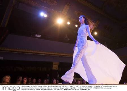 BUDAPEST, April 27, 2016 -- A model presents a creation by Serbian brand Penna Couture during the Budapest Fashion Week in Budapest, Hungary, April 27, 2016. ) HUNGARY-BUDAPEST-FASHION WEEK AttilaxVolgyi 