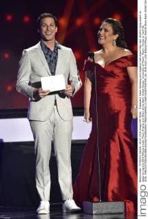 Presenters Adam Samberg and Angelica Vale award the Latin Rhythm Song award on stage during the 2016 Billboard Latin Music Awards and Show at the Bank United Center, University of Miami, Miami, Florida on April 28, 2016.  MIA20160428111 GARYxIxROTHSTEIN