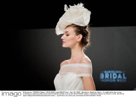 April 29, 2016 - Barcelona, Catalonia, Spain - A model walks the runway presenting a wedding dress during the Cymbeline catwalk show at the Bridal Fashion Week in Barcelona (Spain) on 29 April, 2016. Barcelona Spain  - ZUMAn230
