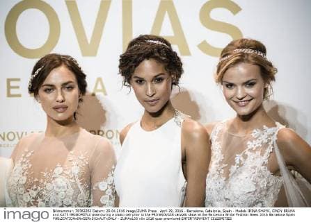April 29, 2016 - Barcelona, Catalonia, Spain - Models IRINA SHAYK, CINDY BRUNA and KATE GRIGORIEVA pose during a photo call prior to the PRONNOVIAS catwalk show at the Barcelona Bridal Fashion Week 2016 Barcelona Spain - ZUMAo105