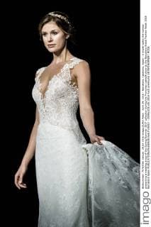 April 29, 2016 - Barcelona, Catalonia, Spain - A model walks the runway presenting a wedding dress of the Spring Summer 2017 collection during the Pronovias catwalk show at the Barcelona Bridal Fashion Week 2016 Barcelona Spain - ZUMAo105