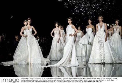 April 29, 2016 - Barcelona, Catalonia, Spain - Model IRINA SHAYK among the models presenting a wedding dress of the Spring Summer 2017 collection during the Pronovias catwalk show at the Barcelona Bridal Fashion Week 2016 Barcelona Spain - ZUMAo105