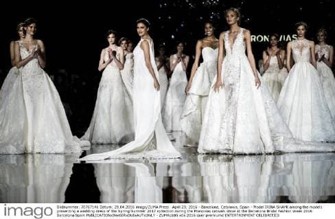 April 29, 2016 - Barcelona, Catalonia, Spain - Model IRINA SHAYK among the models presenting a wedding dress of the Spring Summer 2017 collection during the Pronovias catwalk show at the Barcelona Bridal Fashion Week 2016 Barcelona Spain - ZUMAo105