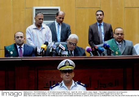 April 30, 2016 - Cairo, Cairo, Egypt - The Judges attend the trial of Egyptian defendants over a 2012 stadium riot in the canal city of Port Said at the police academy on the outskirts of the capital Cairo on April 30, 2016. Seven defendants wait for the verdict as a court upheld death sentences on June 9, 2015 against 11 football fans over the riot which broke out when fans of home team Al-Masry and Cairo s Al-Ahly clashed after a premier league match between the two clubs, leaving 74 people dead on May 30, 2015 Cairo Egypt - ZUMAap3_
