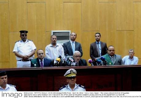 April 30, 2016 - Cairo, Cairo, Egypt - The Judges attend the trial of Egyptian defendants over a 2012 stadium riot in the canal city of Port Said at the police academy on the outskirts of the capital Cairo on April 30, 2016. Seven defendants wait for the verdict as a court upheld death sentences on June 9, 2015 against 11 football fans over the riot which broke out when fans of home team Al-Masry and Cairo s Al-Ahly clashed after a premier league match between the two clubs, leaving 74 people dead on May 30, 2015 Cairo Egypt - ZUMAap3_