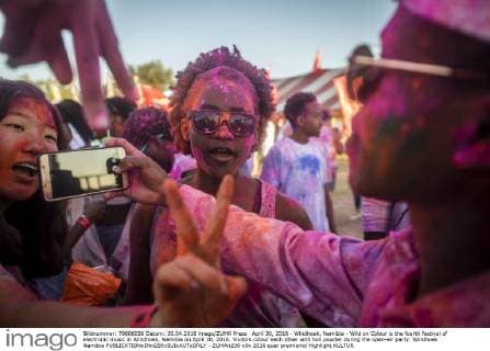 April 30, 2016 - Windhoek, Namibia - Wild on Colour is the fourth festival of electronic music in Windhoek, Namibia on April 30, 2016. Visitors colour each other with holi powder during the open-air party. Windhoek Namibia  - ZUMAn230