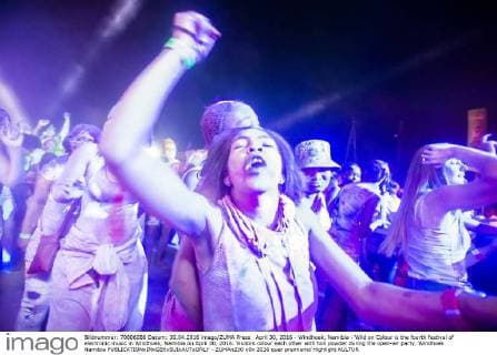 April 30, 2016 - Windhoek, Namibia - Wild on Colour is the fourth festival of electronic music in Windhoek, Namibia on April 30, 2016. Visitors colour each other with holi powder during the open-air party. Windhoek Namibia  - ZUMAn230