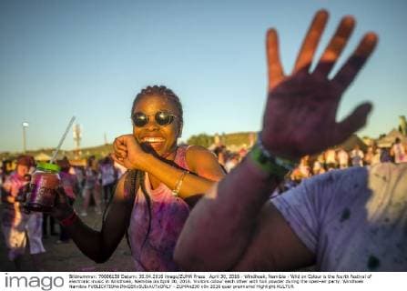 April 30, 2016 - Windhoek, Namibia - Wild on Colour is the fourth festival of electronic music in Windhoek, Namibia on April 30, 2016. Visitors colour each other with holi powder during the open-air party. Windhoek Namibia  - ZUMAn230