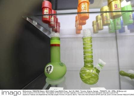 April 28, 2016 - Toronto, Ontario, Canada - TORONTO, ON - APRIL, 28 Bongs and other products in the front case..The Queens of Cannabis has been open for 2 months in the Bloor and Ossington area and is one of the dozens of medical pot dispensaries that has caught Toronto off-guard..NOTE: There are more photos in EMMA.April 28, 2016 Toronto Canada  - ZUMAt14_