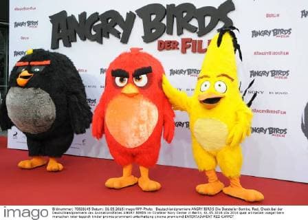 Deutschlandpremiere ANGRY BIRDS Die Darsteller Bombe, Red, Chuck bei der Deutschlandpremiere des Animationsfilmes ANGRY BIRDS im CineStar Sony Center in Berlin, 01.05.2016