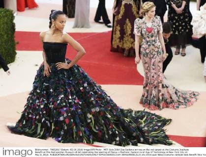 MET Gala 2016 Zoe Saldana arrives on the red carpet at the Costume Institute Benefit at The Metropolitan Museum of Art celebrating the opening of Manus x Machina: Fashion in an Age of Technology in New York City on May 2, 2016.  NYP2016050212164 JOHNxANGELILLO