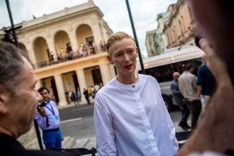 (160504) -- HAVANA, May 3, 2016 -- British actress Tilda Swinton attends Karl Lagerfeld s Cruise line for Chanel at the Paseo del Prado street in Havana, Cuba, May 3, 2016. )(dh) CUBA-HAVANA-FASHION-CHANEL LiuxBin 