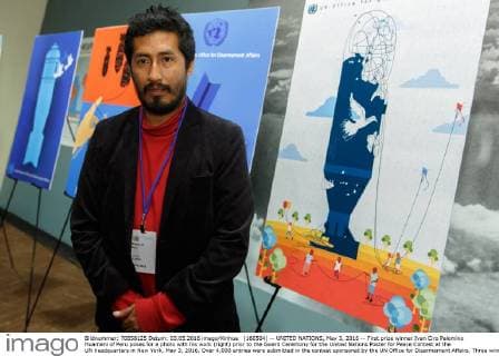 (160504) -- UNITED NATIONS, May 3, 2016 -- First prize winner Ivan Ciro Palomino Huamani of Peru poses for a photo with his work (right) prior to the Award Ceremony for the United Nations Poster for Peace Contest at the UN headquarters in New York, May 3, 2016. Over 4,000 entries were submitted in the contest sponsored by the UN Office for Disarmament Affairs. Three winners and nine honorable mentions were announced. )(dh) UN-AWARD CEREMONY FOR THE UN POSTER FOR PEACE CONTEST LixMuzi 
