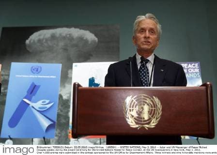 (160504) -- UNITED NATIONS, May 3, 2016 -- Actor and UN Messenger of Peace Michael Douglas speaks during the Award Ceremony for the United Nations Poster for Peace Contest, at the UN headquarters in New York, May 3, 2016. Over 4,000 entries were submitted in the contest sponsored by the UN Office for Disarmament Affairs. Three winners and nine honorable mentions were announced. )(dh) UN-AWARD CEREMONY FOR THE UN POSTER FOR PEACE CONTEST LixMuzi 