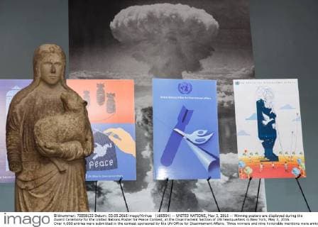 (160504) -- UNITED NATIONS, May 3, 2016 -- Winning posters are displayed during the Award Ceremony for the United Nations Poster for Peace Contest, at the Disarmament Section of UN headquarters in New York, May 3, 2016. Over 4,000 entries were submitted in the contest sponsored by the UN Office for Disarmament Affairs. Three winners and nine honorable mentions were announced. )(dh) UN-AWARD CEREMONY FOR THE UN POSTER FOR PEACE CONTEST LixMuzi 