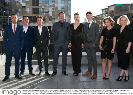 May 4, 2016 - West Midlands, UK - Birmingham, UK. Peaky Blinders cast members and guests attending a special premiere at the Mailbox in Birmingham, for series three. Pictured, the Peaky Blinders cast, from left, Jordan Bolger, Pack Lee, Cillian Murphy, Steven Knight (writer Creator), Gaite Jansen, Harry Kirton, (unknown), Kate Phillips. UK - ZUMAl94_