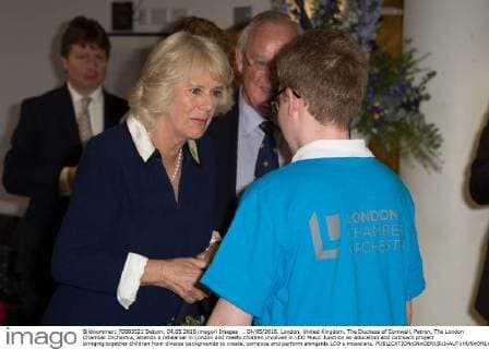 . 04 05 2016. London, United Kingdom. The Duchess of Cornwall, Patron, The London Chamber Orchestra, attends a rehearsal in London and meets children involved in LCO Music Junction an education and outreach project bringing together children from diverse backgrounds to create, compose and perform alongside LCO s musicians.  xROTAx xi-Imagesx IIM-12593-0003
