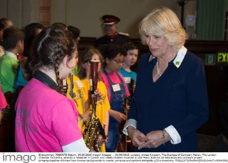 . 04 05 2016. London, United Kingdom. The Duchess of Cornwall, Patron, The London Chamber Orchestra, attends a rehearsal in London and meets children involved in LCO Music Junction an education and outreach project bringing together children from diverse backgrounds to create, compose and perform alongside LCO s musicians.  xROTAx xi-Imagesx IIM-12593-0012