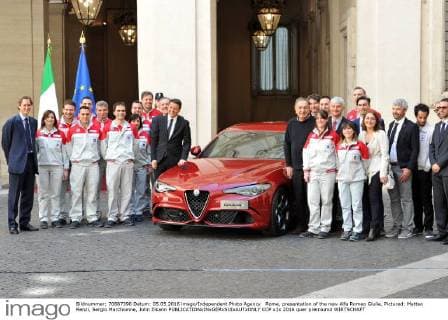 Rome, presentation of the new Alfa Romeo Giulia. Pictured: Matteo Renzi, Sergio Marchionne, John Elkann  CCP