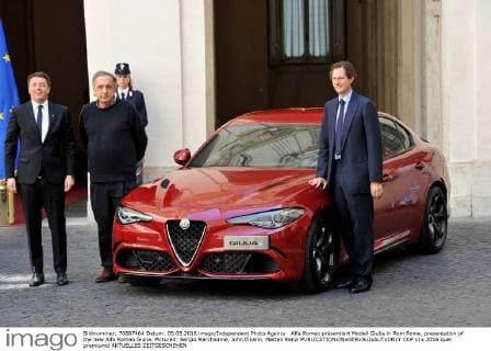 Alfa Romeo präsentiert Modell Giulia in Rom Rome, presentation of the new Alfa Romeo Giulia. Pictured: Sergio Marchionne, John Elkann, Matteo Renzi  CCP
