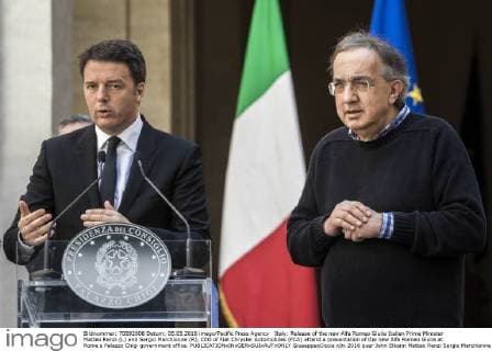 Italy: Release of the new Alfa Romeo Giulia Italian Prime Minister Matteo Renzi (L) and Sergio Marchionne (R), CEO of Fiat Chrysler Automobiles (FCA) attend a presentation of the new Alfa Romeo Giulia at Rome s Palazzo Chigi government office.  GiuseppexCiccia