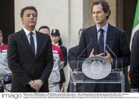 Italy: Release of the new Alfa Romeo Giulia John Elkann (R), Chairman of Fiat Chrysler Automobiles (FCA), Italian Prime Minister Matteo Renzi (L) attend a presentation of the new Alfa Romeo Giulia at Rome s Palazzo Chigi government office.  GiuseppexCiccia