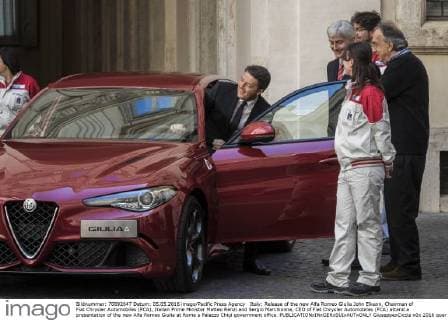 Italy: Release of the new Alfa Romeo Giulia John Elkann, Chairman of Fiat Chrysler Automobiles (FCA), Italian Prime Minister Matteo Renzi and Sergio Marchionne, CEO of Fiat Chrysler Automobiles (FCA) attend a presentation of the new Alfa Romeo Giulia at Rome s Palazzo Chigi government office.  GiuseppexCiccia