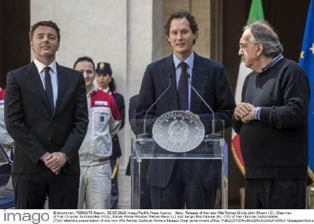 Italy: Release of the new Alfa Romeo Giulia John Elkann (C), Chairman of Fiat Chrysler Automobiles (FCA), Italian Prime Minister Matteo Renzi (L) and Sergio Marchionne (R), CEO of Fiat Chrysler Automobiles (FCA) attend a presentation of the new Alfa Romeo Giulia at Rome s Palazzo Chigi government office.  GiuseppexCiccia