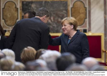NO FRANCE - NO SWITZERLAND: May 6 2016 : Angela Merkel speaks with Matteo Renzi during the Pope Francis International Charlemagne Prize of Aachen awarding ceremony in the presence of numerous authorities, in the Sala Regia of the Vatican Apostolic Palace.  Â©VATICAN-POOL CPP