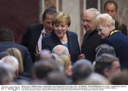 NO FRANCE - NO SWITZERLAND: May 6 2016 : Angela Merkel attends the Pope Francis International Charlemagne Prize of Aachen awarding ceremony in the presence of numerous authorities, in the Sala Regia of the Vatican Apostolic Palace.  Â©VATICAN-POOL CPP