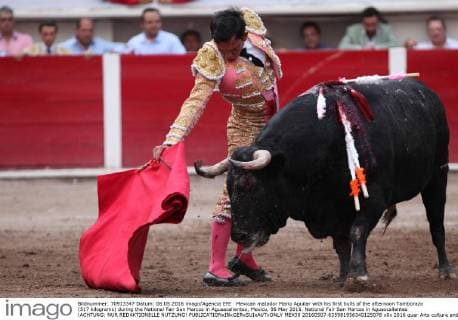 Mexican matador Mario Aguilar with his first bulls of the afternoon Tamborazo (517 kilograms) during the National Fair San Marcos in Aguascalientes, Mexico, 06 May 2016. National Fair San Marcos in Aguascalientes !ACHTUNG: NUR REDAKTIONELLE NUTZUNG!  MEX30 20160507-635981956340125078