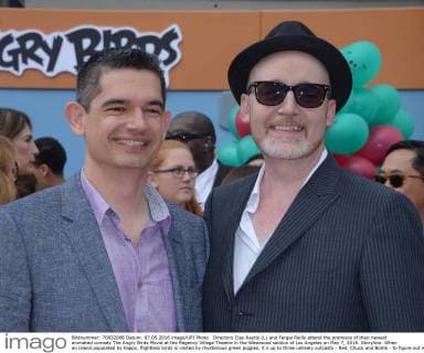 Directors Clay Kaytis (L) and Fergal Reilly attend the premiere of their newest animated comedy The Angry Birds Movie at the Regency Village Theatre in the Westwood section of Los Angeles on May 7, 2016. Storyline: When an island populated by happy, flightless birds is visited by mysterious green piggies, it s up to three unlikely outcasts - Red, Chuck and Bomb - to figure out what the pigs are up to.  LAP2016050730 JIMxRUYMEN