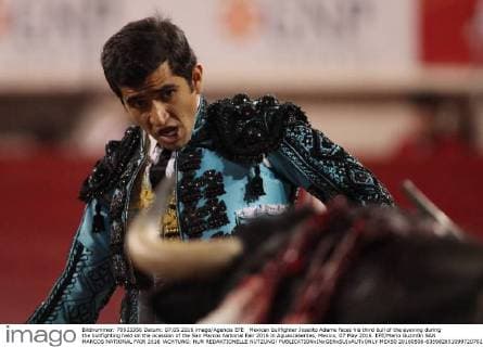 Mexican bullfighter Joselito Adame faces his third bull of the evening during the bullfighting held on the ocassion of the San Marcos National Fair 2016 in Aguascalientes, Mexico, 07 May 2016. EFE Mario Guzmán SAN MARCOS NATIONAL FAIR 2016 !ACHTUNG: NUR REDAKTIONELLE NUTZUNG!  MEX50 20160508-635982851099720702