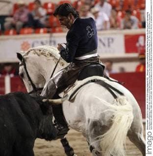 Mexican mounted bullfighter Emilio Gamero faces his third bull of the evening during the bullfighting held on the ocassion of the San Marcos National Fair 2016 in Aguascalientes, Mexico, 07 May 2016. EFE Mario Guzmán SAN MARCOS NATIONAL FAIR 2016 !ACHTUNG: NUR REDAKTIONELLE NUTZUNG!  MEX50 20160508-635982866372276702