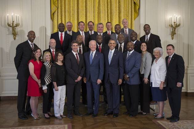 President Barack Obama, with Vice President Joseph Biden, greets former players and staff of the 1983 NCAA National Basketball Championship North Carolina State Wolfpack in the East Room of the White House in Washington, DC on May 9, 2016. The President and Vice President met briefly with members of the team and their families in the East Room. The team was previously unable to visit the White House to be recognized for their championship. Pool  WAX20160509103 SHAWNxTHEW