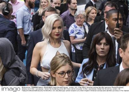 London, UK. 9 May 2016. American actress Jennifer Lawrence (Raven Mystique) attends the X-Men: Apocalypse - Global Fan Screening at the BFI Imax cinema in London. X-Men: Apocalypse, Global Fan Screening, London, UK 