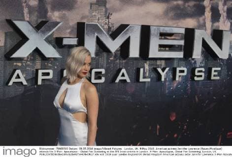 London, UK. 9 May 2016. American actress Jennifer Lawrence (Raven Mystique) attends the X-Men: Apocalypse - Global Fan Screening at the BFI Imax cinema in London. X-Men: Apocalypse, Global Fan Screening, London, UK 