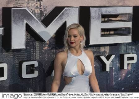 London, UK. 9 May 2016. American actress Jennifer Lawrence (Raven Mystique) attends the X-Men: Apocalypse - Global Fan Screening at the BFI Imax cinema in London. X-Men: Apocalypse, Global Fan Screening, London, UK 