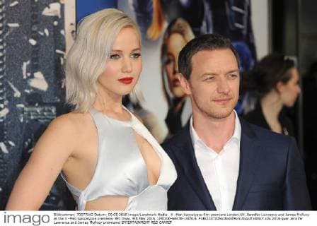 X -Men Apocalypse film premiere London.UK. Jennifer Lawrence and James McAvoy at the X -Men Apocalypse premiere, BFI Imax. 9th May 2016. LMK200-60478-100516. 