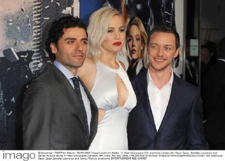 X -Men Apocalypse film premiere London.UK. Oscar Isaac, Jennifer Lawrence and James McAvoy at the X -Men Apocalypse premiere, BFI Imax. 9th May 2016. LMK200-60478-100516. 