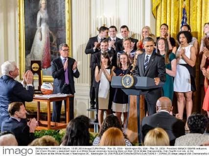 May 10, 2016 - Washington Dc, USA - May 10, 2016: President BARACK OBAMA welcomes the UConn Women s basketball team in a White House ceremony honoring them on their 2016 NCAA Championship, their fourth in a row, in the East Room at the White House in Washington DC. Washington Dc USA - ZUMAs125