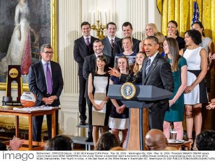 May 10, 2016 - Washington Dc, USA - May 10, 2016: President BARACK OBAMA teases UConn Head Coach GENO AURIEMMA as the UConn Women s basketball team is honored in a White House ceremony congratulating them on their 2016 NCAA Championship, their fourth in a row, in the East Room at the White House in Washington DC. Washington Dc USA - ZUMAs125
