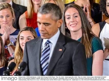 May 10, 2016 - Washington Dc, USA - May 10, 2016: UConn player BREANNA STEWART looks on as President BARACK OBAMA welcomes the UConn Women s basketball team in a White House ceremony honoring them on their 2016 NCAA Championship, their fourth in a row, in the East Room at the White House in Washington DC. Washington Dc USA - ZUMAs125