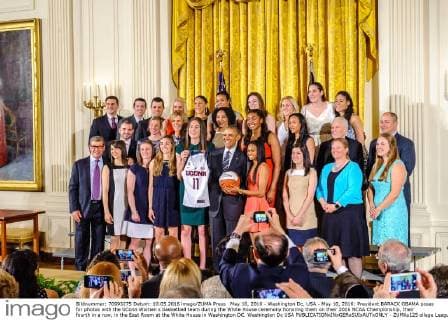 May 10, 2016 - Washington Dc, USA - May 10, 2016: President BARACK OBAMA poses for photos with the UConn Women s basketball team during the White House ceremony honoring them on their 2016 NCAA Championship, their fourth in a row, in the East Room at the White House in Washington DC. Washington Dc USA - ZUMAs125