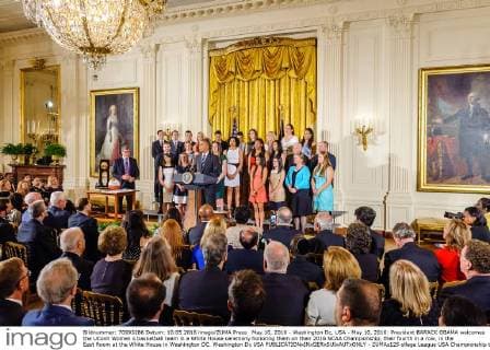May 10, 2016 - Washington Dc, USA - May 10, 2016: President BARACK OBAMA welcomes the UConn Women s basketball team in a White House ceremony honoring them on their 2016 NCAA Championship, their fourth in a row, in the East Room at the White House in Washington DC. Washington Dc USA - ZUMAs125